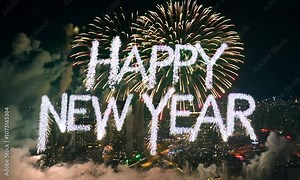 An exhilarating fireworks extravaganza over a bustling city sparks intricately coming together to spell Happy New Year