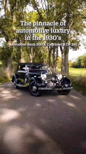 Rolling work of art. The Mercedes-Benz 500K Cabriolet is a luxury 1930s automobile often referred to as a "rolling work of art" due to its elegant design and powerful performance. It was produced between 1934 and 1936 and was a successor to the S and SSK models. Featuring an 8-cylinder engine with a supercharger, the 500K could produce 160 horsepower, giving it a top speed of nearly 180 km/h. The car's exclusivity, custom options, and high price at the time make it highly sought after today. 📽 