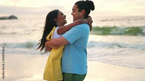 Spinning, hug and couple with love, beach and happiness on holiday, quality time and romantic gesture. Romance, man and woman embrace, seaside vacation and motion with commitment, loving and travel