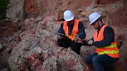 Geologist surveying mine,Explorers collect soil samples to look for...