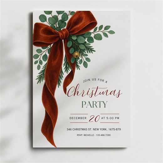 Christmas Party Invitation Template | Elegant Holiday Invite Canva | Minimalist Greenery Bow | Editable Printable Digital Download - Etsy