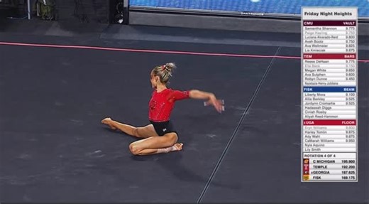 Olympia Gymnastics Camp on Instagram: "UGA’s Lily Smith with a first perfect 10.0 on the Floor ❤️🖤. In gymnastics power and difficulty being prioritized just as much as grace and elegance. Lily’s routine has no double flips and only front twisting. Her back tumbling pass is cartwheel back handspring layout step out. It is possible to create beautiful floor routine scoring a Perfect 10.0 without double back or full in or double layout. We are also proud to say that OGC’s coach Russell Warfield c