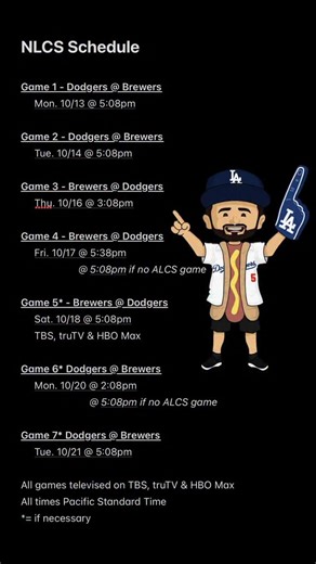 The NLCS Schedule Is Here! 🏟️⚾️🌭🏆 🏟️⚾️🌭🏆 #LosAngeles #LA #Baseball #Winner #MLB #Dodgers #WorldSeries #BleedBlue #Beisbol #HomeRun #LoveLA #BaseballLife #BaseballSeason #ITFDB #DodgerStadium #LADodgers #GoDodgers #ThinkBlue #LetsGoDodgers #LosAngelesDodgers #WeLoveLA #LosDoyers #Doyers #BlueCrew #dodgertown #dodgernation #HomeRun #shoheiohtani | The L.A. Dodger Dog