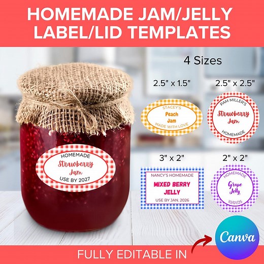 Editable Jam, Jelly & Canning Label Templates, Gingham Mason Jar Sticker Designs, Printable Canva Label Sheets, Circle Oval Rectangle Sizes - Etsy