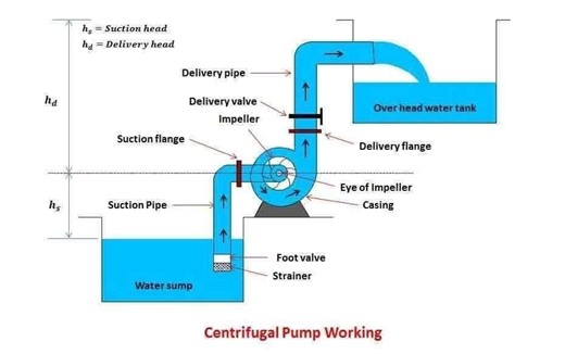 a schematic representation of a typical centrifugal pump installation, detailing its core components and operational principle for elevating a fluid. The system functions by drawing water from a lower reservoir, or "water sump," through a suction pipe equipped with a strainer and a foot valve to prevent debris and backflow. The water enters the pump at the "eye of the impeller," a rapidly rotating component that imparts kinetic energy to the fluid, forcing it radially outward due to centrifugal