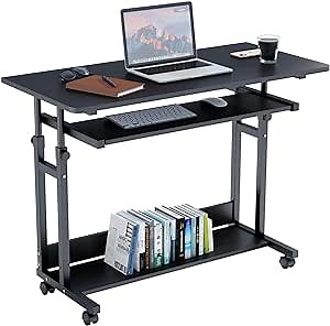 Dripex Rolling Desk - 31.5” Adjustable Computer Desk Home Office Computer Workstation Mobile Table Laptop Cart with Locking Wheels Keyboard Tray, Portable Small Standing Desk for Sofa Bed, Black