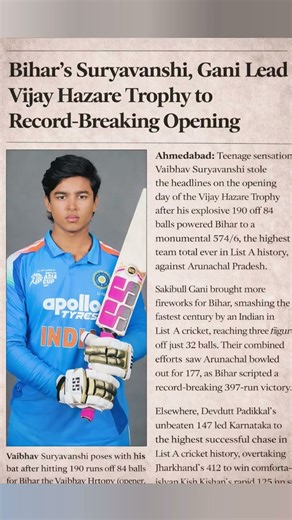 Bihar, Karnataka Script Record-Breaking Start to Vijay Hazare Trophy #CricketShorts#ViralCricket #yt