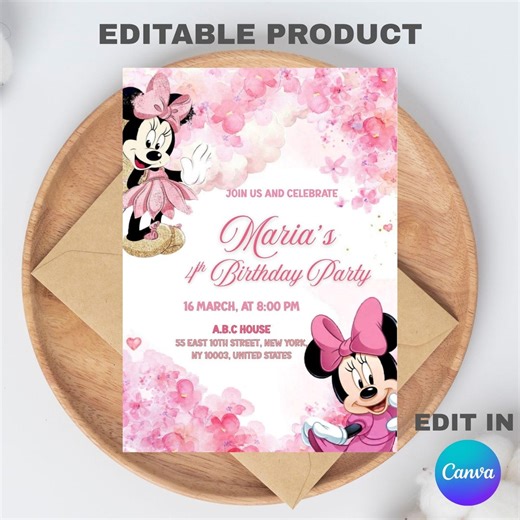 Editable Minnie Mouse Birthday Invitation Template – Pink Polka Dot Party Invite – Printable Digital Download. - Etsy