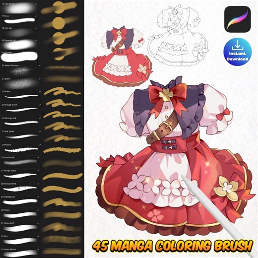 Procreate Basic Manga Coloring Brush Set Digital Download, Inking, Coloring, Sketching, Blending & Smudge effects
