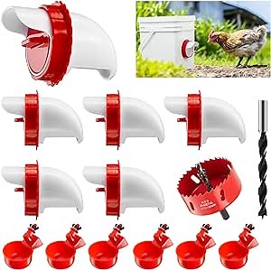 Large Chicken Feeder Cups, DIY Chicken Feeder Kit with 6 Ports & 6 Water Cups & 1 Slotter, Automatic Feeder for Chickens Various Boxes and Buckets