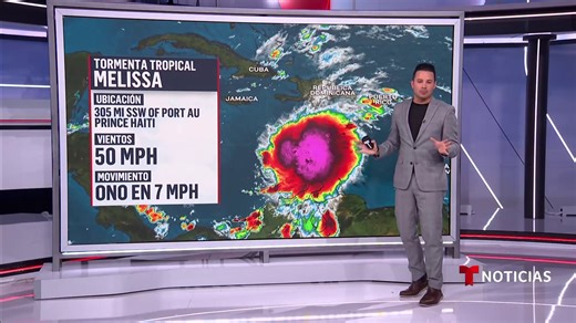 La tormenta tropical Melissa amenaza con fuertes lluvias a República Dominicana, Haití y Jamaica. Melissa, la tormenta número 13 de la actual temporada de ciclones en el Atlántico, podría evolucionar a huracán el próximo fin de semana, según informó el Centro Nacional de Huracanes. | Noticias Telemundo
