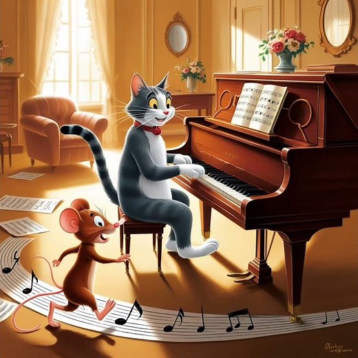 "Johann Mouse" (1953)Tom learns play piano beautifully lure Jerry, who can't dancing to the music.