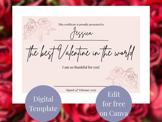 Best Valentine in the World Certificate Editable Printable Poster Template Gift Award Sign - Etsy