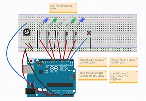 Light Sweep using 5 LEDs, toggle button for ON/OFF, potentiometer for brightness