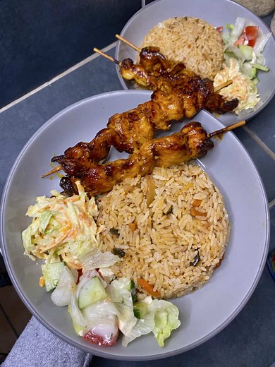 Savory Rice with Chicken Skewers & Salads