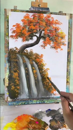 054 - 16s Speed Painting | Autumn Tree on Mountain with Waterfall | Treeflow Art