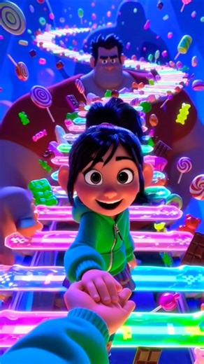 Vanellope biegnie po schodach z cukierków
