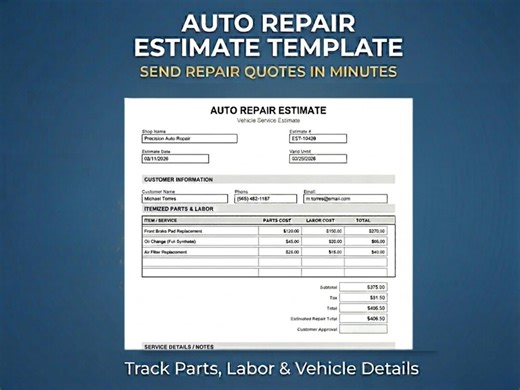 Auto Repair Estimate Template & Mechanic Estimate Template – Vehicle Repair Quote Form (fillable PDF) - Etsy
