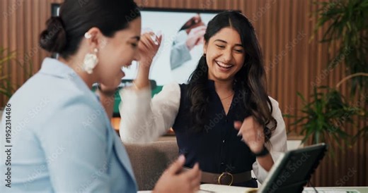 Business, women or high five with tablet in office for pitch success, funding approval or good news. Applause, tech and happy team with celebration in meeting for annual report, feedback or fist pump