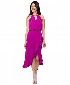 XSCAPE Women's Crepe Halter-Neck High-Low Midi Dress - Macy's