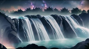 Purple Nebula Cascade: A Sci-Fi Landscape Comes Alive with the Dynamic Splash of a Waterfall Crashing Over Rocks. Looping Animation