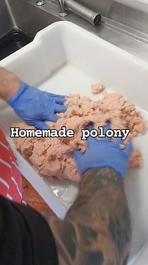 Making our own traditional recipe handmade polony. Made from lean cuts of pork shoulder meat trimmed and then minced finely with rusk salt and pepper to taste 😋 #Polony #shoplocal #handmadewithlove #yorkshire | Fairweathers Butchers and Deli