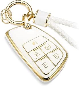 for Buick Key Fob Cover with Metal Braided Rope Keychain, Upgraded Soft Case for Avenir Envision Encore Chevy Suburban Tahoe GMC Yukon Denali Sierra (5 Buttons) (Gold,B1)
