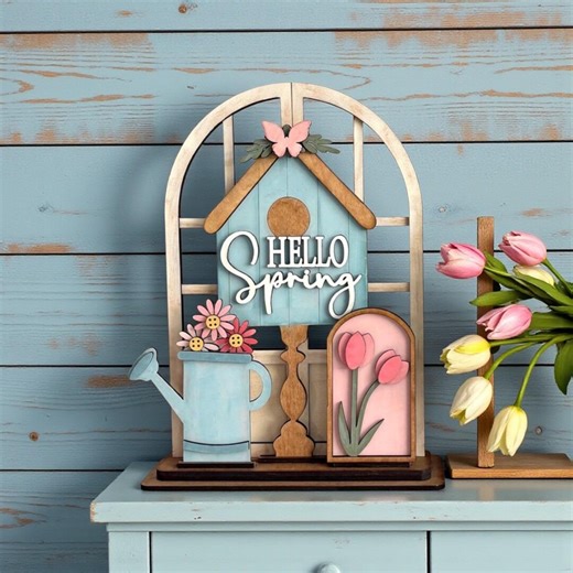 Farmhouse Interchangeable Window Arch | Spring Shelf Sitter Decor | Hello Spring Tiered Tray Decor - Etsy