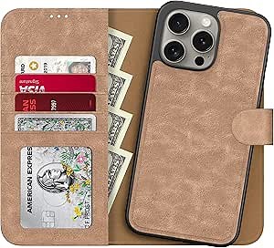 LUMARKE Designed for iPhone 15 Pro Wallet Case - Detachable Flip Folio Cover - RFID Blocking 4 Card Slots Holder - Premium Leather Magnetic Kickstand - Protective Phone Case 6.1", Brown