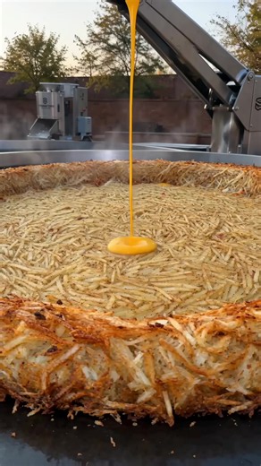 Giant hash brown breakfast pizza 🔥 Crispy potato crust loaded with eggs, bacon, peppers, and melted cheddar. #CookingWithStrong #HashBrownPizza #BreakfastTok #FoodTok #GiantFood