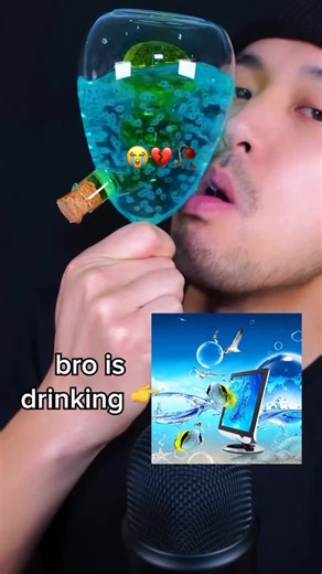 Uncrustamemes on Instagram: "The post features a short video of a guy casually sipping a bright blue fizzy drink from a large wine glass that contains a fully built miniature ship in a bottle submerged inside the liquid—complete with a tiny cork floating nearby for extra dramatic effect. The clever visual trick plays on the classic “ship in a bottle” puzzle (where intricate model ships are assembled inside glass bottles through the narrow neck), but here it’s flipped into a hilarious optical ill