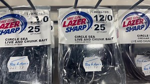 Eagle Claw Circle Sea Hooks - Made In USA Don't trust a hook made in China on that fish of a lifetime! The Number 1 Hook For Barrel Sized Tuna! Size 7/0 to 13/0 - 5 Hooks per pack - From $7.95 Size 12/0 & 13/0 - 25 Hooks per pack - From $39.95 Model L2004U - Super Strong - Lazer sharp https://www.rayannes.com.au/shop-online/terminal-tackle/hooks-trebles-bait-needles/eagle-claw-circle-sea-hooks-l2004-7-0-8-0-10-0-11-0-12-0-13-0/ Recommended and used on Huge Kingfish, Bass in NZ Circle hooks provi