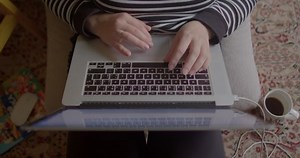 Woman hands use laptop. Smart chatbots for internal knowledge sharing and collaboration. Automated data entry and processing with AI. Smart indexing and digital transformation.