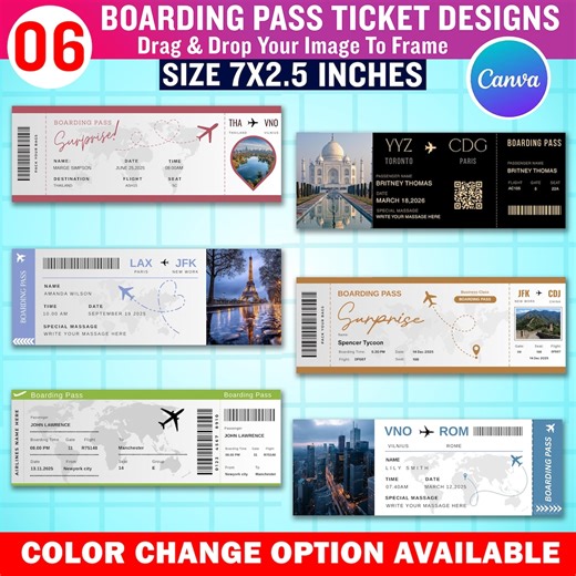 6x Boarding Pass Canva Templates | Editable Airline Ticket Design | Surprise Trip Boarding Pass | DIY Printable Travel Ticket Template - Etsy
