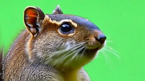 A small squirrel stands attentively, large eyes showcased against vibrant green screen, highlighting its curious demeanor beautifully.