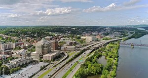 Albany New York downtown skyline, slow motion drone footage