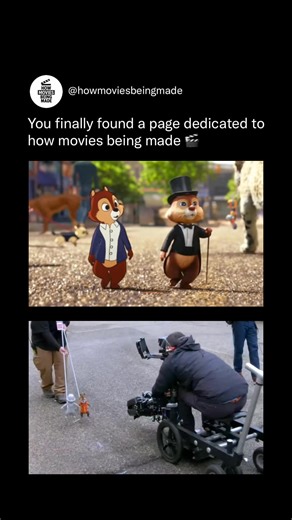 How Movies Being Made on Instagram: "Chip and Dale: Rescue Rangers blended live-action filmmaking with multiple animation styles, requiring actors to perform scenes using puppeteered stand-ins and eyeline markers. These stand-ins helped the cast interact naturally while camera crews captured the precise framing needed for animators to insert the characters later with perfect timing and scale. The VFX teams then layered 2D, 3D, and hybrid animation techniques into the live footage, matching light