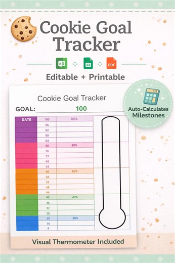 Cookie Goal Tracker | Editable Excel   Google Sheets   Printable PDF | Troop & Individual Goal Thermometer - Etsy