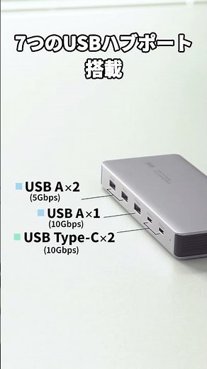 USB Type-Cケーブル1本でィスプレイ最大2台へ映像出力ができるドッキングステーション。7つのUSBハブポート搭載。USB PD給電対応。
