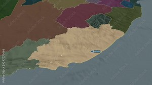 Eastern Cape - province of South Africa with its capital zoomed on the administrative map of the globe. Animation 3D