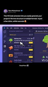 This VS Code extension is super useful 🔥 It lets you generate the file tree structure of your project in multiple formats like JSON, SVG, Markdown, or ASCII, with or without icons. Just right-click in the directory sidebar and generate it instantly. Perfect for: - documenting project structure - creating visuals for README files - sharing folder layouts with your team Watch the video for a quick demo :) Hope this helps ✅ Drop a like if you found this post helpful! 👍 Follow RammCodes for more💎