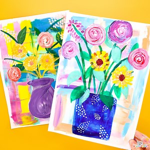 Abstract Flowers in a Vase Art - Learn how to paint 3 simple flowers! https://www.artycraftykids.com/art/abstract-easy-flowers-in-a-vase-painting-idea/ | Arty Crafty Kids