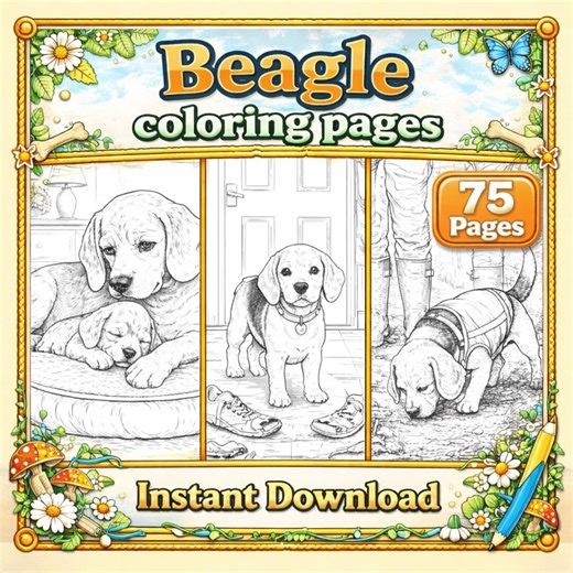 Beagle Coloring Pages Printable Book, Realistic Dog Images, 75 Pages Animal Activity Sheets JPEG - Etsy