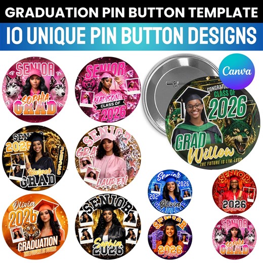 10x Graduation Pin Button Template Bundle, Congrats Class of 2026 Button Designs, High School & College Graduation Pins, Senior Photo Button - Etsy