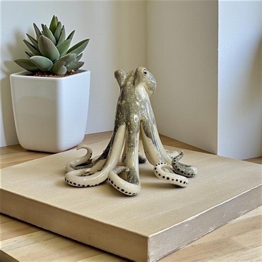 Handmade Ceramic Octopus Sculpture: Bone Colored With Black Bubble Effect Beach Decor Tabletop Figurine - Etsy