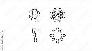 Animated microbe types icons. Microorganisms line animation library. Infectious agents. Bacteriology. Black illustrations on white background. HD video with alpha channel. Motion graphic vídeo de Stock