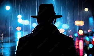 Backlit Silhouette of Detective in Trench Coat on Dark Rainy Street