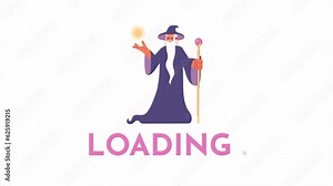 Wizard magic 2D loading animation. Magician. Old wizard with beard casting fireball animated character cartoon 4K video loader motion graphic. Sorcerer with magic orb download, upload progress gif