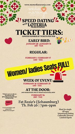 HOT 🔥 Ladies/women seats FULL! 🤩 ‼️ Thank you chicas! Where the gentlemen at? 👀 🗓️ Thursday, Feb 26 📍 Fat Rosie’s -Schaumburg ⏰ 7pm-9pm 🎟️ On Eventbrite and @medianaranjachicago IG link in Bio Shall we add more speed dating events? 🥰💞 Let us know in a comment below! ⬇️ #medianaranjachicago #chicagodatingevents #follow #chicagodatenight #likeforlikes
