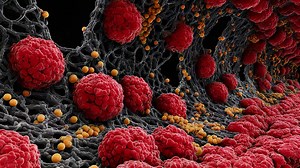 Microscopic Visualization of Cellular Structures: A Close-Up View of Red and Yellow Microorganisms Within a Network, Capturing the Intricate Details of Biological Interactions | Premium Stock Video Footage